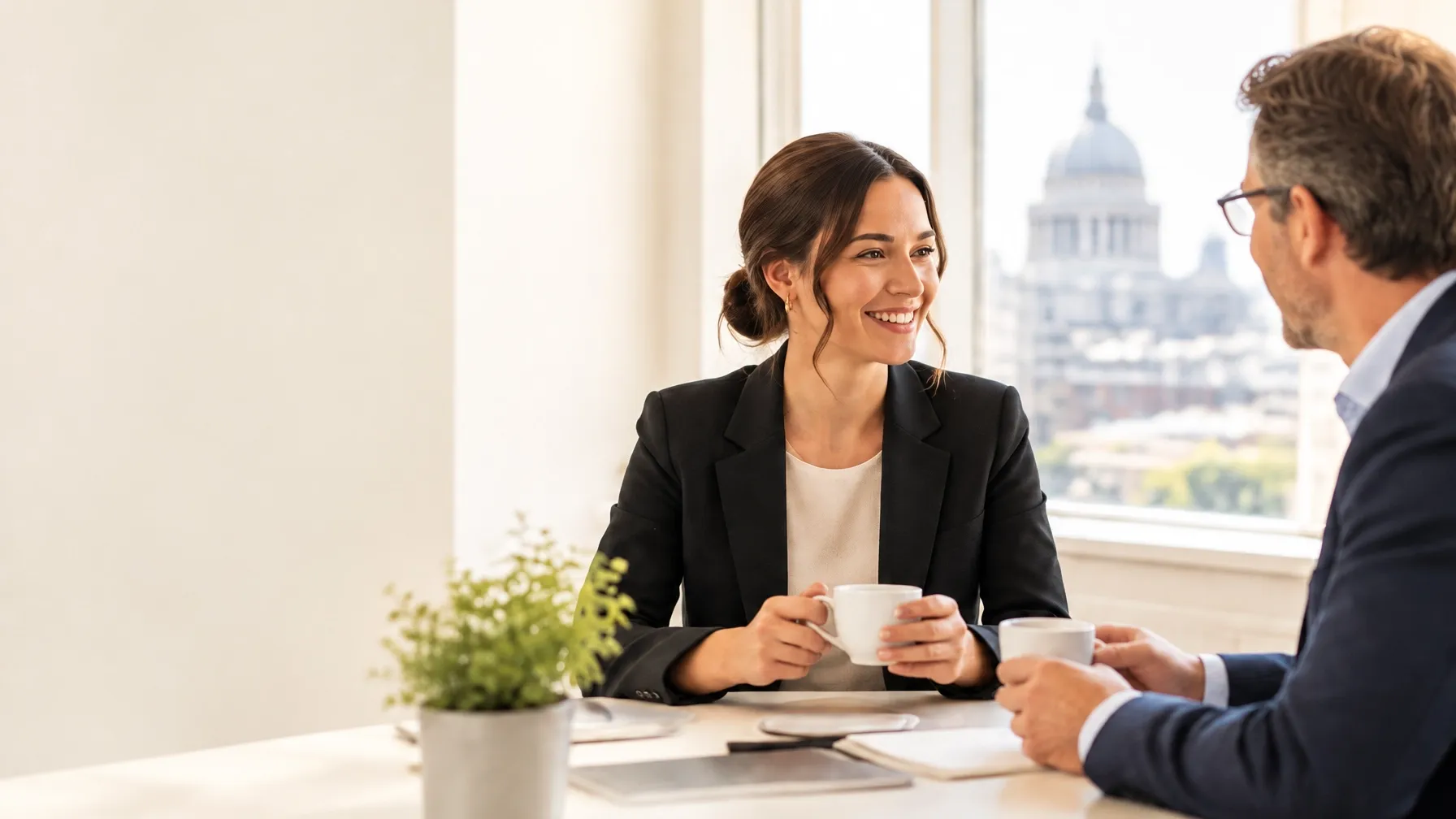An executive assistant and business leader talking over coffee in a London office